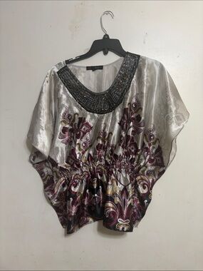 HeartSoul Silver Tunic with Burgundy Floral and Beaded Scoop